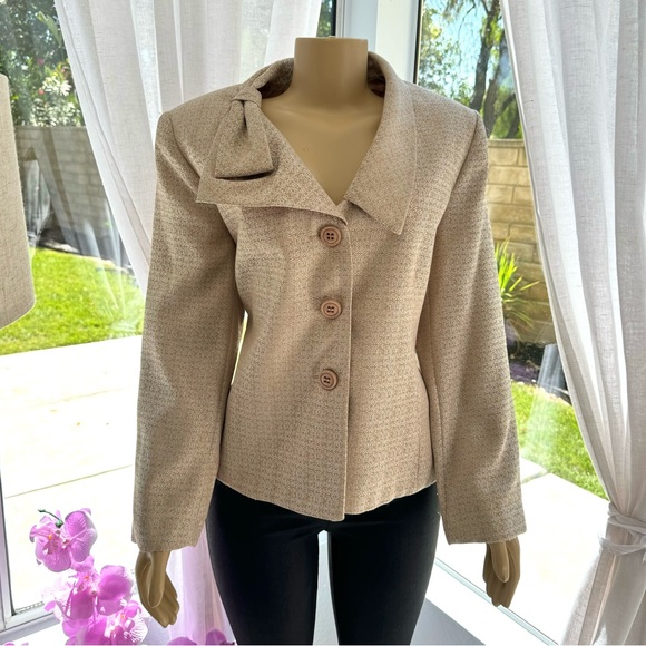 Giorgio Sant’ Angelo Vintage Linen Look 3 Button Bow Collar Blazer Size 16 Beige - Picture 1 of 12